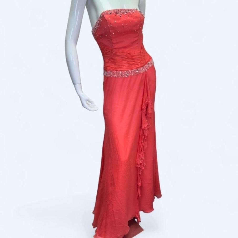 2000s Alyce Designs strapless formal in the dreamiest watermelon coral‎ silk